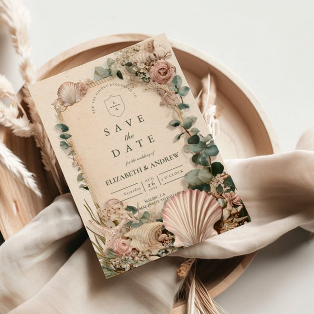 Reserve A Data Vintage Coastal Shell Romance Wedding (Criador carregado)