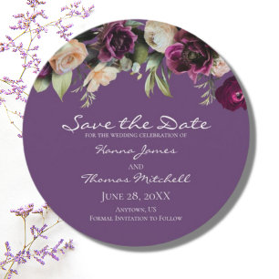 Reserve A Data Vintage Floral Dark Lavanda Round Casamento