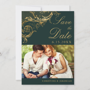 Reserve A Data Vintage Green Floral Dourado Casamento Foto de Dam