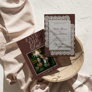 Reserve A Data Vintage Marrom Chocolate Renda Foto Casamento Chiq