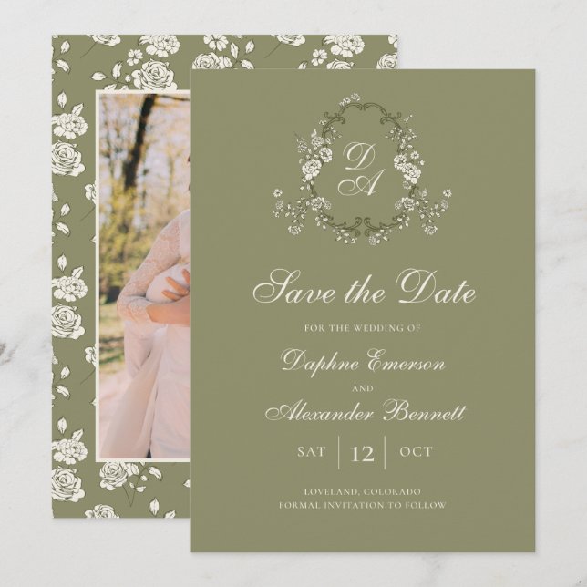 Reserve A Data Vintage Monogramado Verde Salvia Botânico (Frente/Verso)