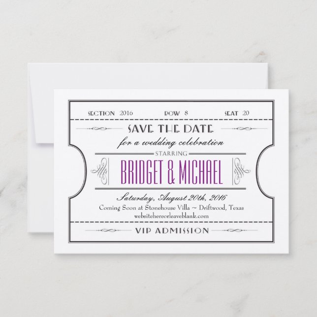 Reserve A Data Vintage Movie Ticket Casamento Salvar a Data (Frente)