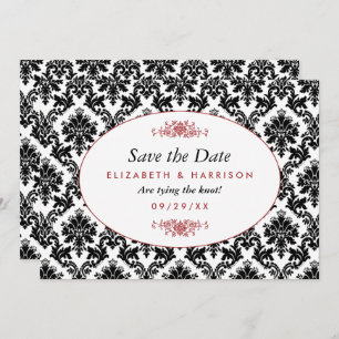 Reserve A Data Vintage Red, Black & White Damask Save Date (Dano 