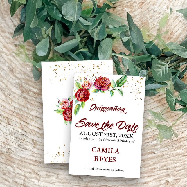Reserve A Data Vintage Rosa vermelha Quinceanera (Quinceanera save the date cards from my Vintage Floral Red Roses Quinceanera Collection)
