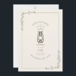 Reserve A Data Vintage Rustic Lanterna Green Casamento Salva A Da<br><div class="desc">Ilustração verde-escura da lanterna de óleo de safra com borda botânica de arte de linha. O fundo está esbranquiçado.</div>