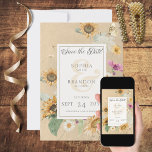 Reserve A Data Vintage Summer Sunflower Wedding<br><div class="desc">Esta opção para salvar o design do cartão de data apresenta um belo quadro de girassóis de cor aquática macia e outras flores de verão em um fundo amarelo de afaste macio. É romântico com um toque de safra. Criada pela "Simply Farmhouse Press", faz parte do Vintage Summer Floral Wedding...</div>