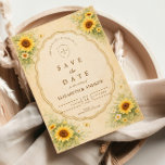 Reserve A Data Vintage Sunflower Garden Wedding<br><div class="desc">A warm and romantic wedding design inspired by rustic countryside celebrations. Bright watercolor sunflowers bloom in the corners around an elegant scalloped frame, set against a soft parchment background that gives the design a timeless vintage feel. Delicate butterflies and botanical accents add a gentle garden charm, creating a joyful and...</div>