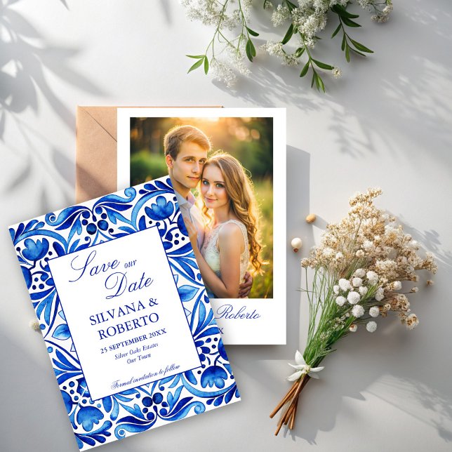 Reserve A Data Vintage Talavera Azulejo azulejos Azulejo (Vintage Talavera Azulejo blue tiles Mexican Spanish wedding wedding photo template Save The Date)