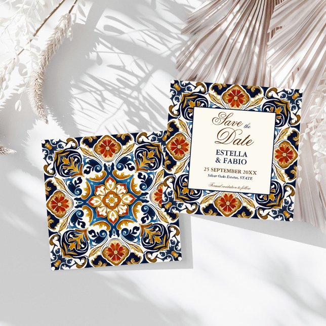 Reserve A Data Vintage Talavera Azulejo casamento (Vintage Talavera Azulejo blue tiles Mediterranean Spanish wedding Save The Date cards)