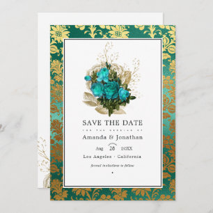 Reserve A Data Vintage Teal - Turquesa e Dourada Casamento Floral