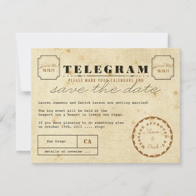 Reserve A Data Vintage Telegram Salvar a Data (Frente)