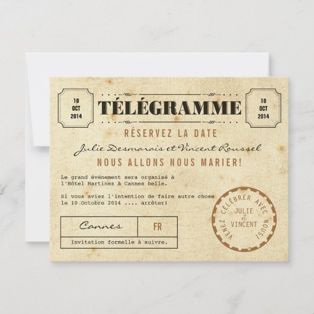 Reserve A Data Vintage Télégramme Réservez la Date (Frente)