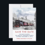 Reserve A Data Vintage Train Winter Christmas Cena Salvar a Data<br><div class="desc">Salve o cartão de dia com uma fotografia de uma paisagem de inverno nevada com pinheiros cobertos de neve. Um trem vermelho,  dourado e preto à moda antiga,  viajando pela natureza selvagem. Conjuga os pensamentos de voltar para casa no Natal.</div>
