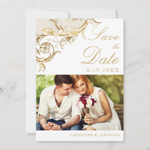 Reserve A Data Vintage White Dourado Floral Damask Foto Casamento