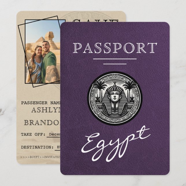 Reserve A Data Violet Egypt Passport Wedding Save the Date (Frente/Verso)