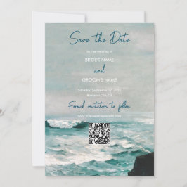 Reserve A Data Watercolor Beach Ocean Monograma Weding Código QR