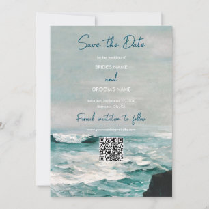 Reserve A Data Watercolor Beach Ocean Monograma Weding Código QR