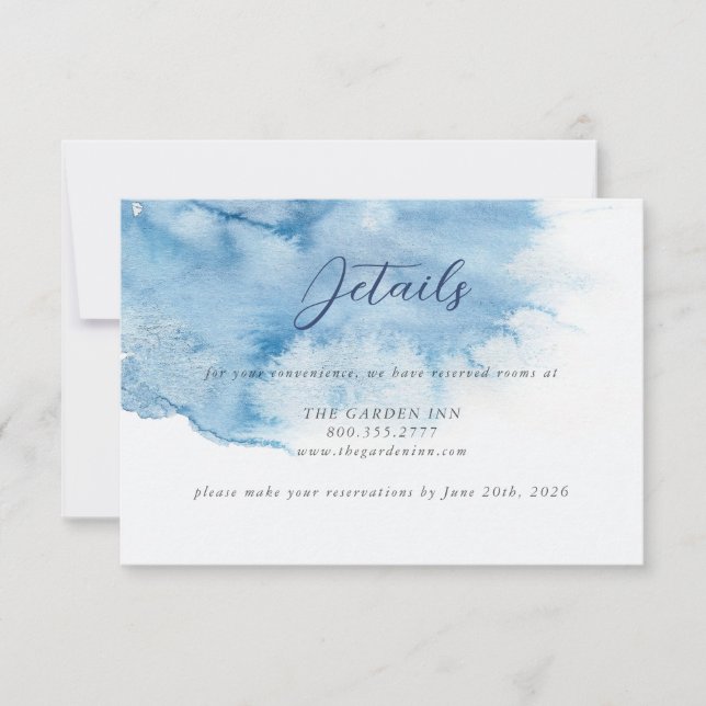 Reserve A Data Watercolor Dusty Blue Wedding Details Card (Frente)