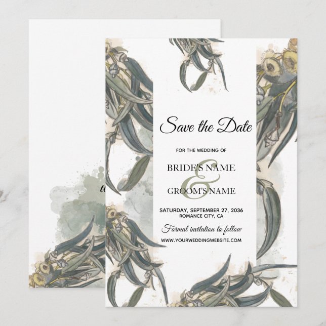 Reserve A Data Watercolor Eucalyptus Deixa Casamento Verde (Frente/Verso)