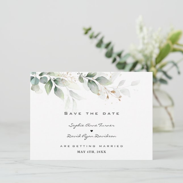 Reserve A Data Watercolor Eucalyptus Greenery Gold Wedding  (Em pé/Frente)