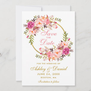 Reserve A Data Watercolor Floral Pink Wreath Dourado Salvar Data