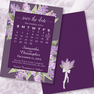 Reserve A Data Watercolor Lilacs & Calendar Púrpura Casamento