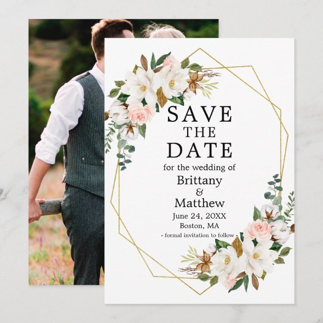 Reserve A Data Watercolor Magnolias Rosas Rosa Rosa Foto Geo Fram (Frente/Verso)