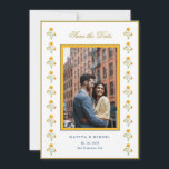 Reserve A Data Watercolor marigold Foto para salvar a data<br><div class="desc">Amarelo-Cinto e branco Salve a placa de data com borda marigold de cor-d-água com foto de casais.</div>