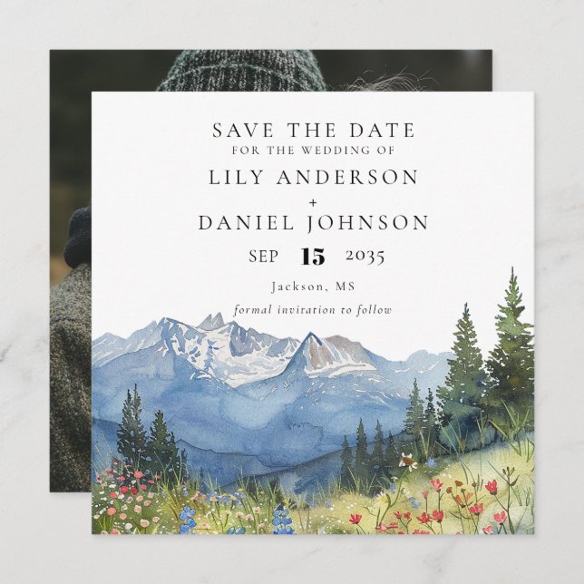 Reserve A Data Watercolor Mountain Wildflower Photo Wedding (Frente/Verso)
