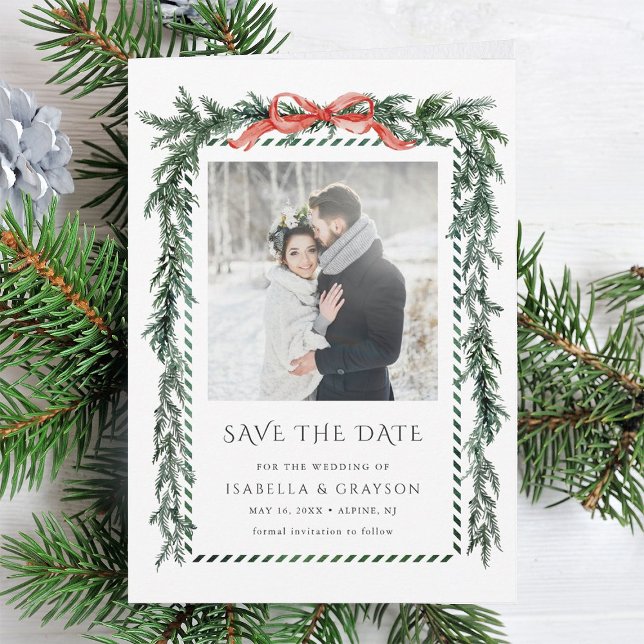 Reserve A Data Watercolor Pine Garland Wedding Photo (Criador carregado)