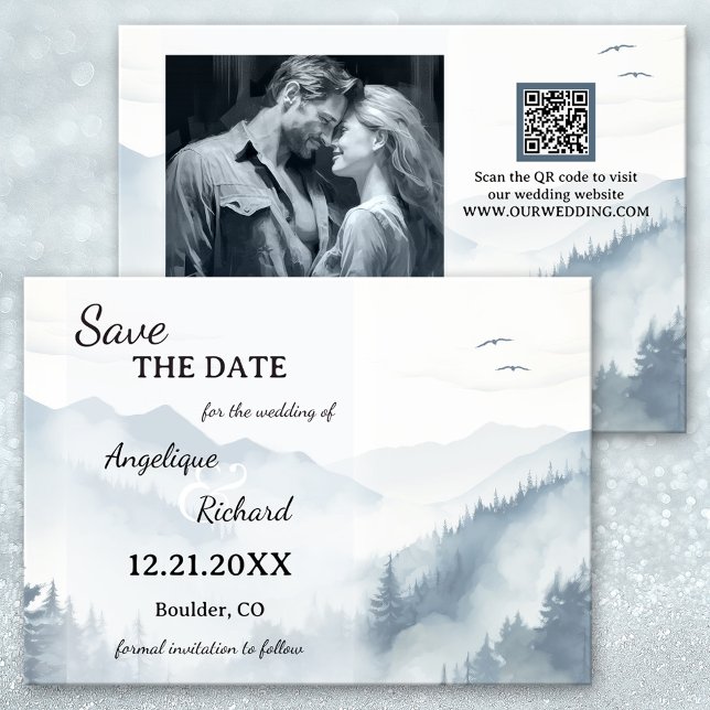 Reserve A Data Watercolor Pine Mountain Winter Save the Date Card (Winter Wedding Save the Date Card featuring a watercolor mountain scene with pine tree forest. )