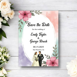 Reserve A Data Watercolor Pink Flowers Couple Boho Summer Wedding