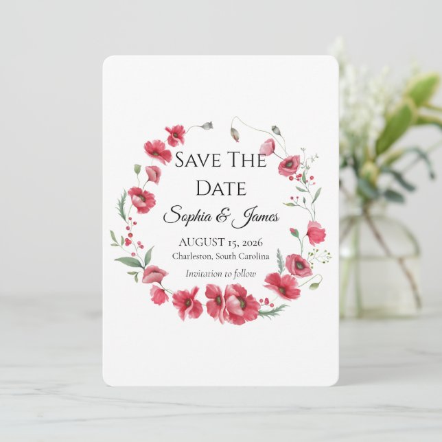 Reserve A Data Watercolor Poppy & Lavender Floral Wedding (Em pé/Frente)