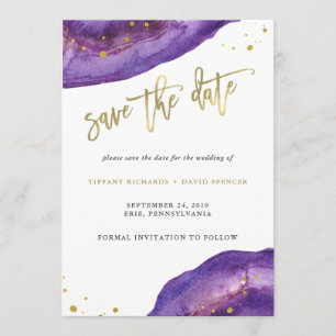 Reserve A Data Watercolor Purple e Geode Dourado Guarda a Data
