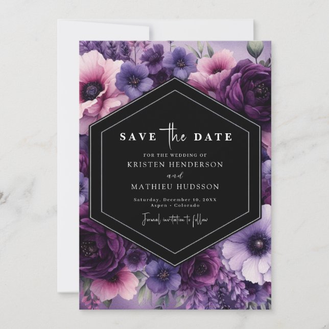 Reserve A Data Watercolor Romance Purple Floral Wedding (Frente)