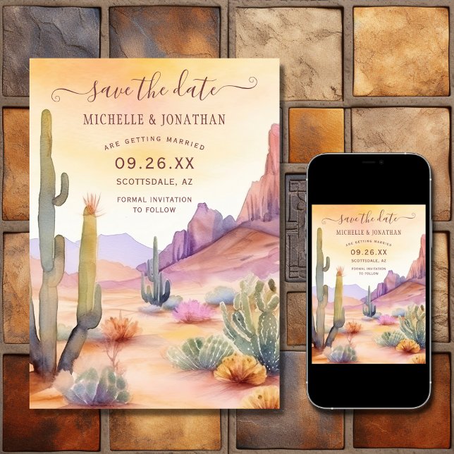 Reserve A Data Watercolor Southwestern Desert e Casamento Cactus (Printed and Digital - Watercolor Southwestern Desert and Cactus Wedding Save The Date)