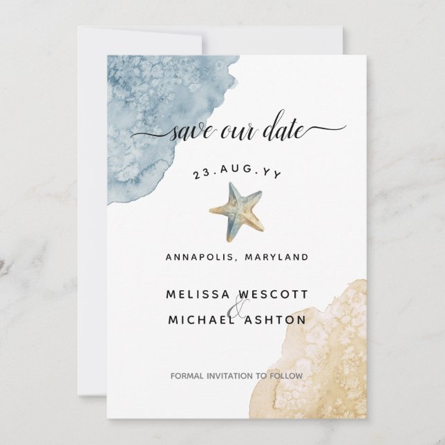 Reserve A Data Watercolor Starfish Beach Dusty Blue Weding (Frente)