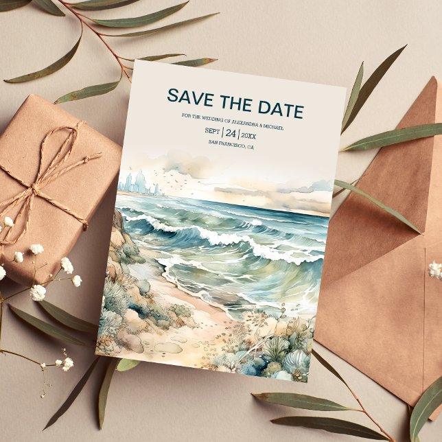Reserve A Data Watercolor Summer Ocean Beach Weding (Criador carregado)