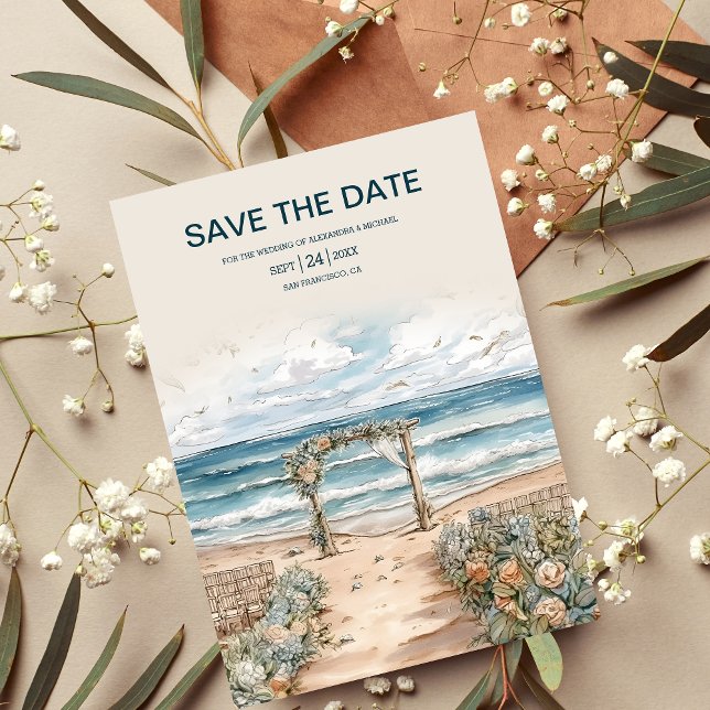 Reserve A Data Watercolor Summer Ocean Beach Weding (Criador carregado)