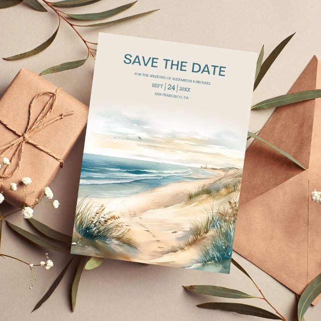 Reserve A Data Watercolor Summer Ocean Beach Weding (Criador carregado)