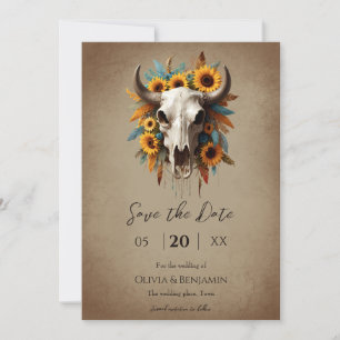 Reserve A Data Watercolor Sunflower Feather Cow Skull Casamento