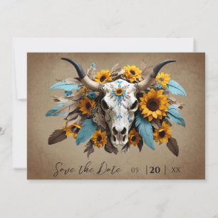 Reserve A Data Watercolor Sunflower Feather Cow Skull Casamento