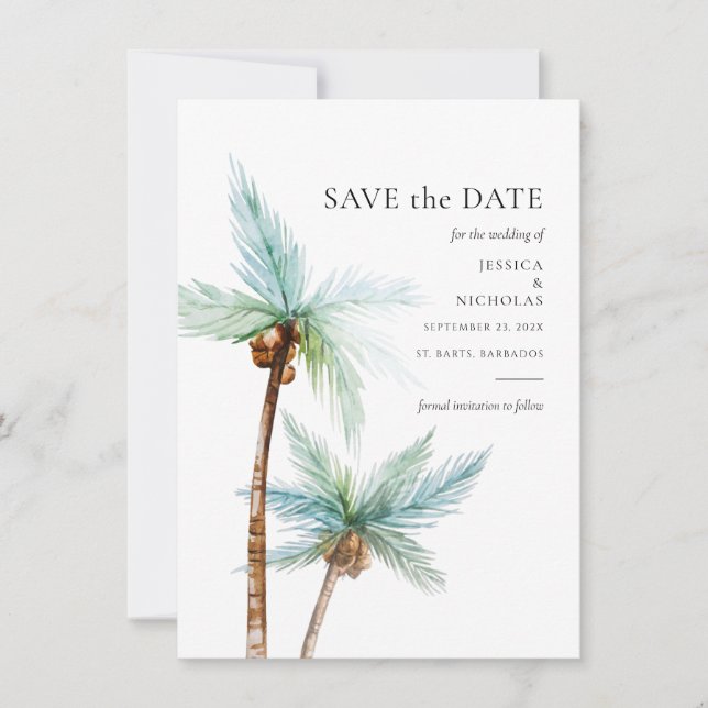 Reserve A Data Watercolor Tropical Trees Wedding (Frente)