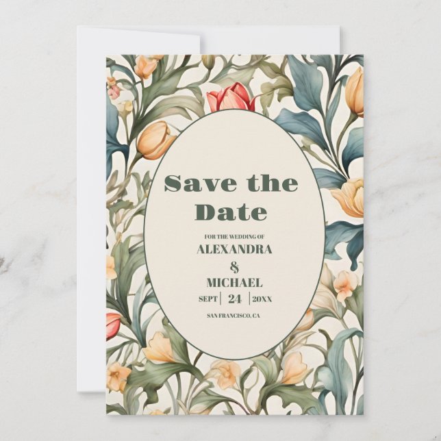 Reserve A Data Watercolor Tulips William Morris Wedding (Frente)