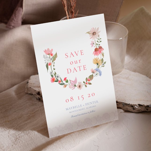 Reserve A Data Watercolor Wildflower Wreath & Lace Salvar Data (Watercolor Wildflower Wreath & Lace Save The Date)