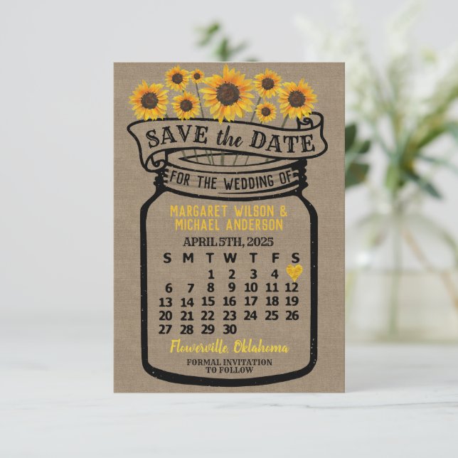 Reserve A Data Wedding Mason Jar Sunflower abril 2025 Calendário (Em pé/Frente)