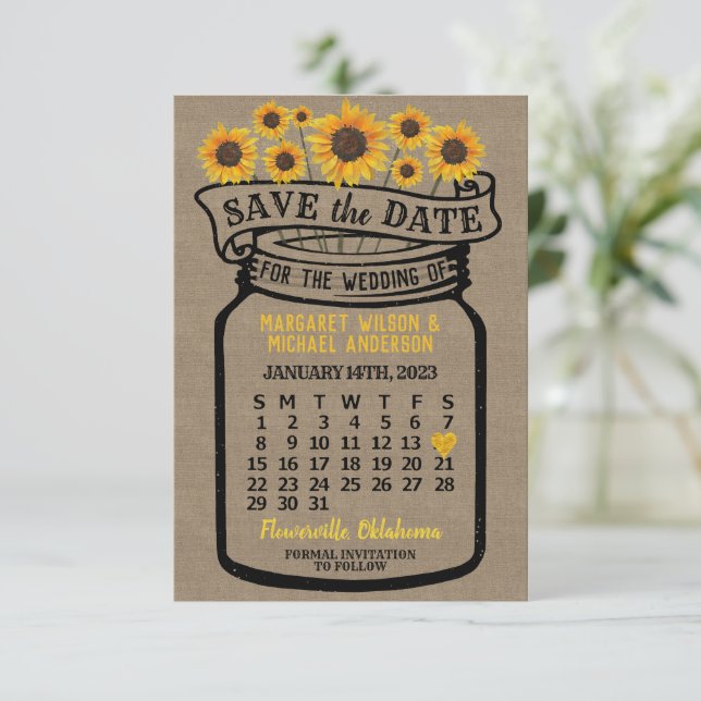 Reserve A Data Wedding Mason Jar Sunflower Calendar Janeiro 2023 (Em pé/Frente)