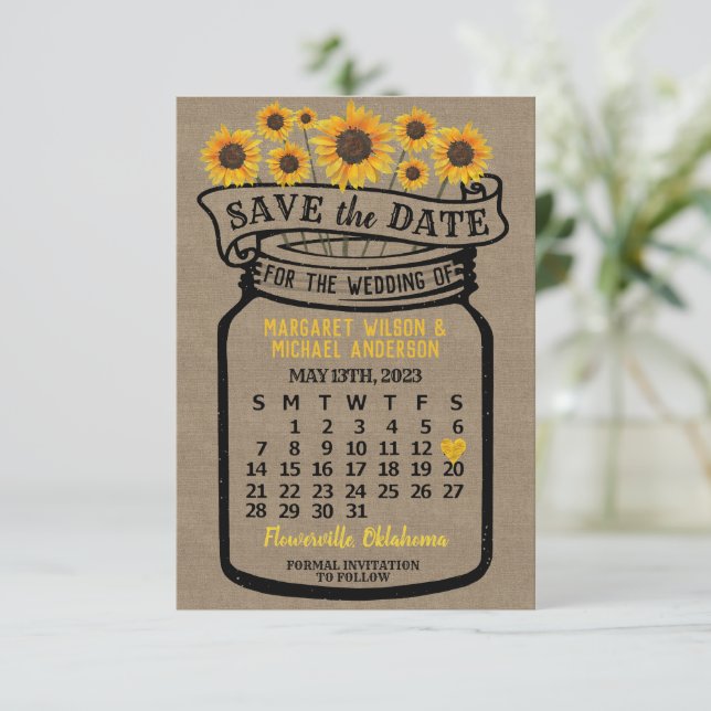 Reserve A Data Wedding Mason Jar Sunflower Maio 2023 Calendário (Em pé/Frente)