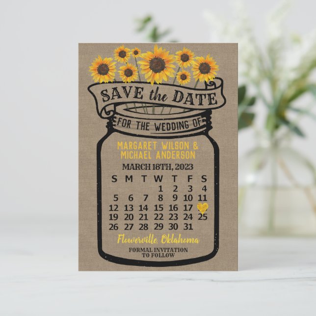 Reserve A Data Wedding Mason Jar Sunflower Março 2023 Calendário (Em pé/Frente)