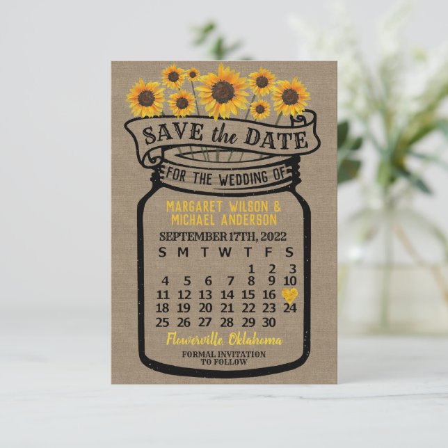 Reserve A Data Wedding Mason Jar Sunflower setembro 2022 Mês (Em pé/Frente)